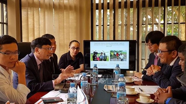 越南驻莫桑比克大使黎辉皇和日本企业代表交谈。