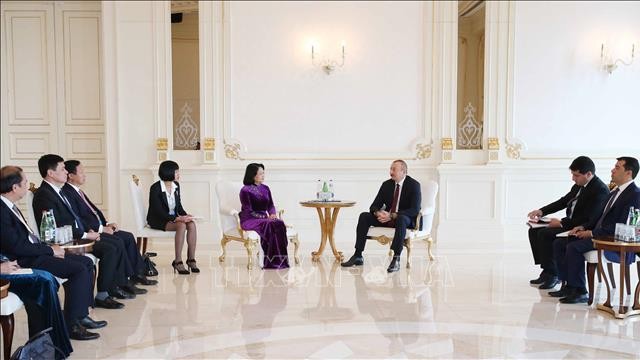 越南国家副主席邓氏玉盛会见阿塞拜疆总统阿利耶夫。（图片来源：越通社）