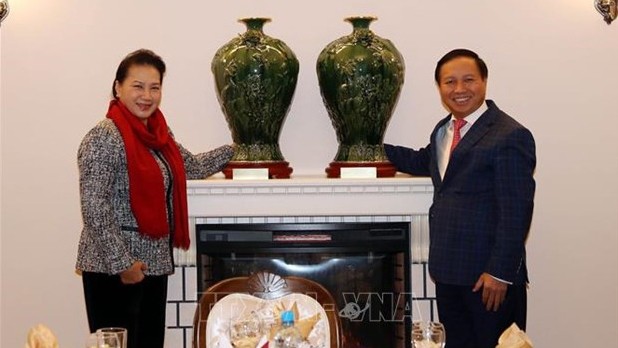越南国会主席阮氏金银向越南驻俄罗斯大使馆赠送礼物。（图片来源：越通社）