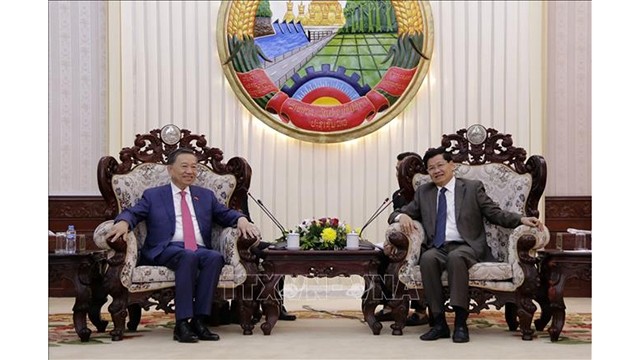 老挝政府总理通伦·西苏里会见苏林大将。（图片来源：越通社）