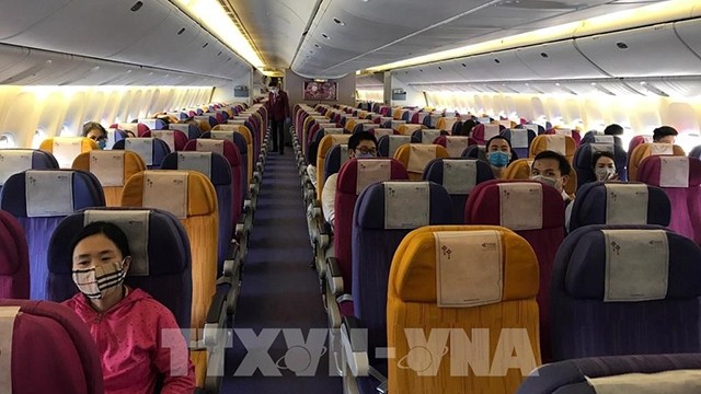越南公民在回国的飞机上。（图片来源：越通社）