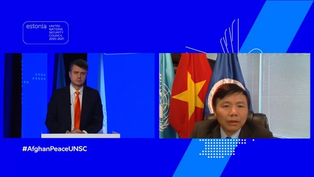 越南常驻联合国代表团团长邓庭贵大使（左）出席视频会议。