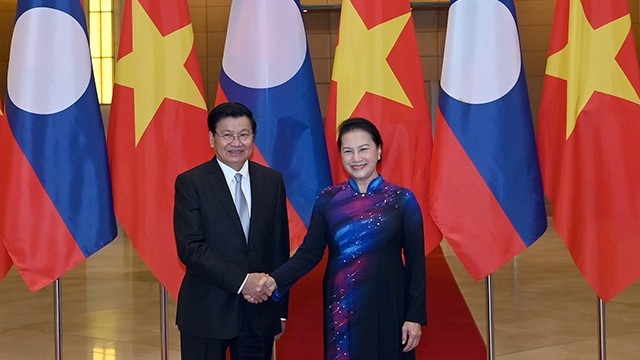 越南国会主席阮氏金银会见老挝政府总理通伦·西苏里。（维玲 摄）