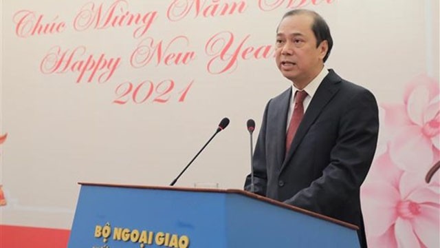 越南外交部副部长阮国勇在见面会上发言。