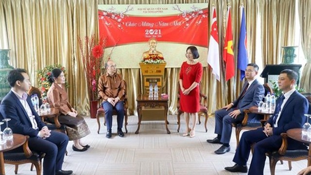 越南驻新加坡大使曹氏青香在会见中发表讲话。（图片来源：越通社）