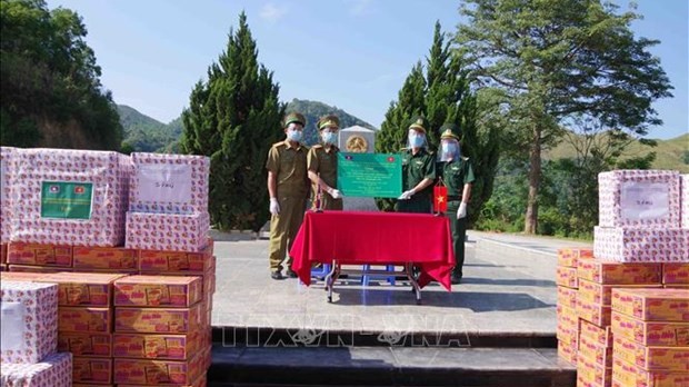 奠边省边防部队指挥部向老挝丰沙里和琅勃拉邦两省提供防疫援助。（图片来源：越通社）