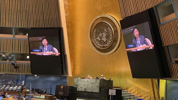 越南驻联合国代表团团长邓廷贵大使出席联合国安理会的一场会议。（图片来源：越通社）