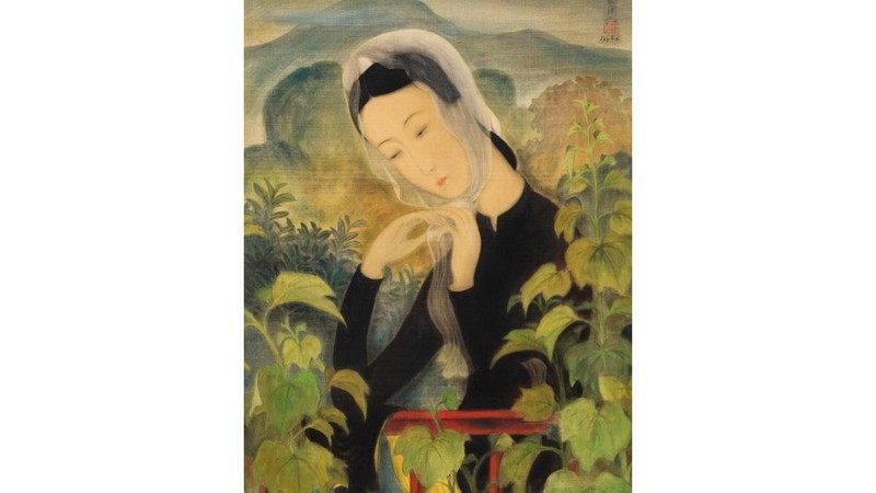 越南著名画家黎普画作《戴围巾的少女》。