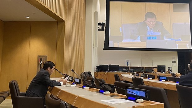 越南常驻联合国代表团团长邓廷贵大使在会议上发表讲话。（图片来源：越通社）