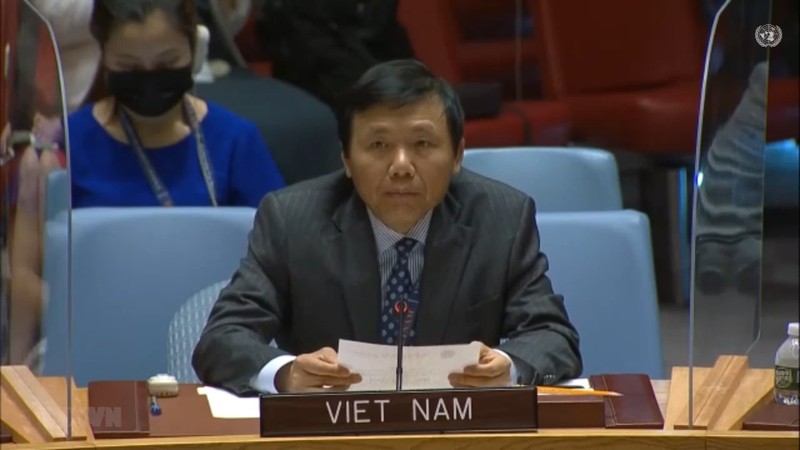 越南常驻联合国代表团团长邓廷贵大使在会上发言。（图片来源：越通社）