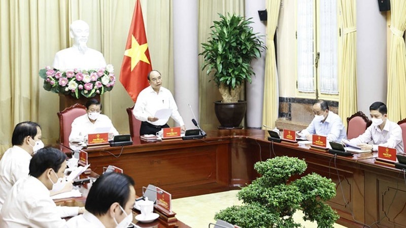 越南国家主席阮春福在会上发言。（图片来源：越通社）