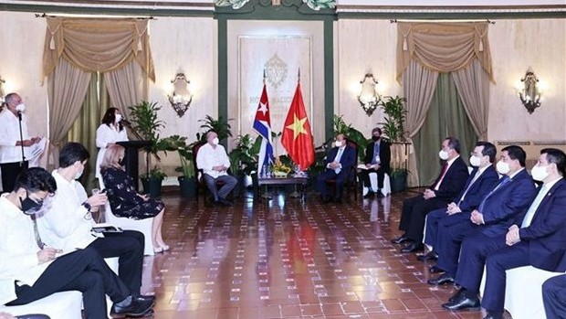 阮春福主席会见古巴外贸外资部部长罗德里戈·马尔米耶卡。（图片来源：越通社）