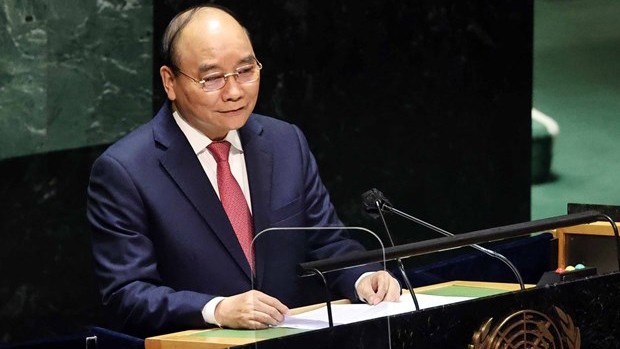 越南国家主席阮春福在第76届联合国大会一般性讨论会上发表讲话。（图片来源：越通社）