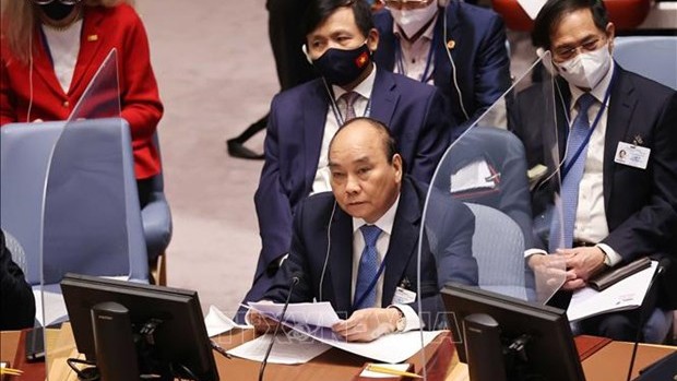 越南国家主席阮春福于河内时间9月23日出席联合国安理会气候与安全的高级别会议并发表讲话。（图片来源：越通社）