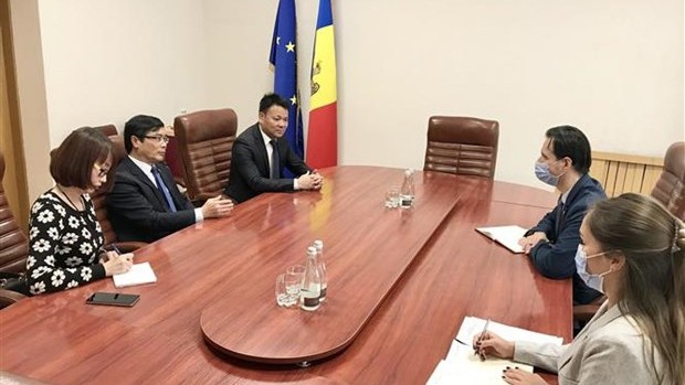 阮鸿石大使同摩尔多瓦经济与基础设施部部长塞尔吉乌·盖布进行工作座谈。（图片来源：越通社）