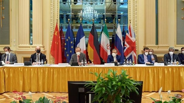 5月19日，俄罗斯、中国、德国、法国、英国和伊朗代表在奥地利维也纳就《联合全面行动计划》的谈判全景。（图片来源：新华社/越通社）