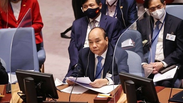 越南国家主席阮春福出席联合国安理会某场会议。（图片来源：越通社）