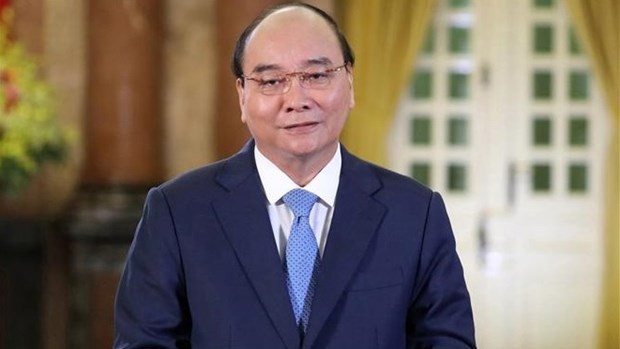 越南国家主席阮春福以视频方式出席2021年APEC工商领导人峰会。（图片来源：越通社）