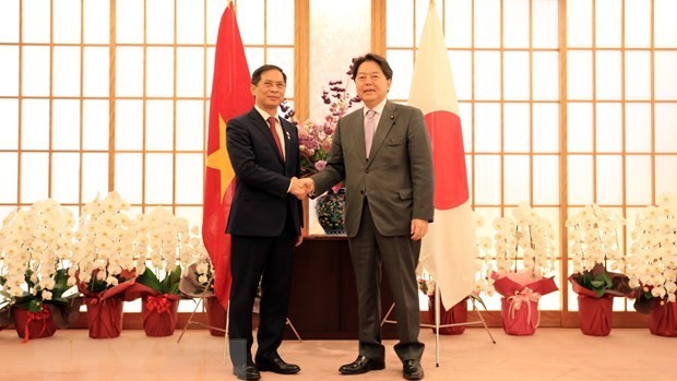 越南外交部长裴青山（左）与日本外务大臣林芳正（右）亲切握手。（图片来源：越通社）