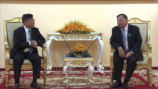 越南驻柬埔寨大使阮辉僧11月26日上午前来礼节性拜会柬埔寨参议院主席赛宗。（图片来源：越通社）