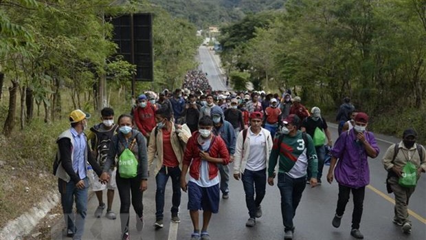 1月16日，洪都拉斯难民在前往美国的途中途经危地马拉的卡莫坦。 （图片来源：法新社/越通社）