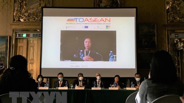 越南驻意大利大使阮氏碧惠以线上形势出席企业论坛。（图片来源：越通社）