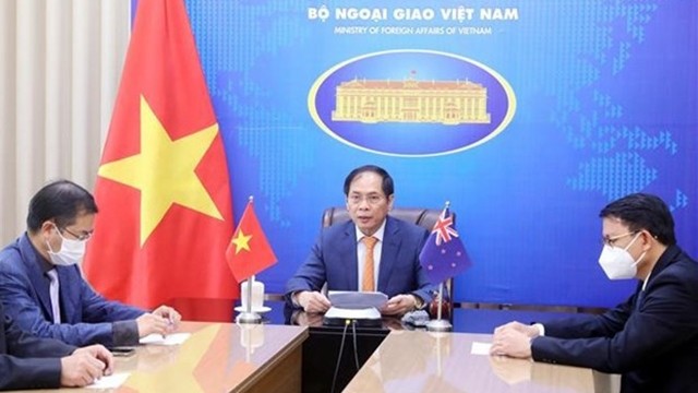 越南外交部长裴青山以线上方式出席签字仪式。（图片来源：越通社）
