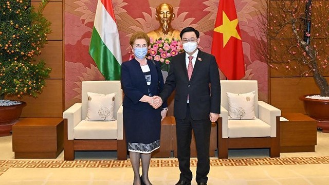越南国会主席王廷惠在会见匈牙利国会常务副主席玛特劳伊·玛尔道。（图片来源：维灵 摄）