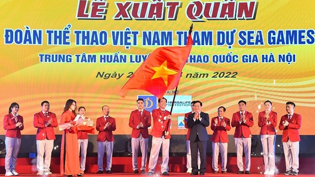 越南体育代表团参加第31届东南亚运动会出征仪式。