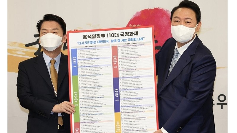 韩国候任总统尹锡烈（右）公布了新政府110项核心任务清单。（图片来源：韩联社）