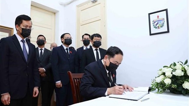 越南国会常务副主席陈青敏在吊唁簿上留言。
