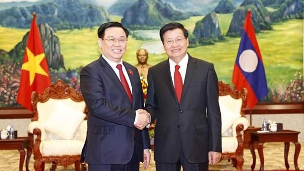 越南国会主席王廷惠礼节性拜会老挝人民革命党中央委员会总书记、国家主席通伦·西苏里。（图片来源：越通社）