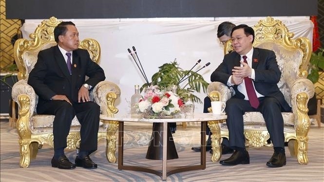 越南国会主席王廷惠会见老挝财政部部长本炯。（图片来源：越通社）