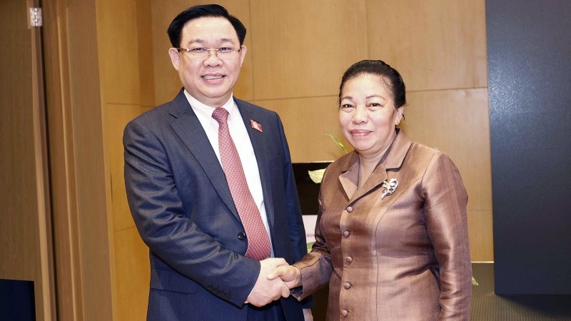 越南国会主席王廷惠会见老挝国会副主席顺通•赛雅佳。（图片来源：越通社）