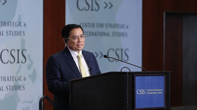 越南政府总理范明正在美国战略与国际研究中心发表讲话。（图片来源：越通社）