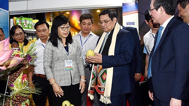 范明正总理参观2022年越南OCOP产品和水果节展位。（图片来源：陈海 摄）