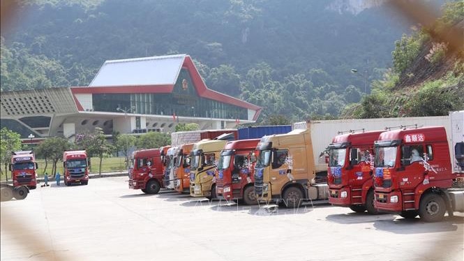 在谅山省友谊国际口岸的货车。（图片来源：越通社）