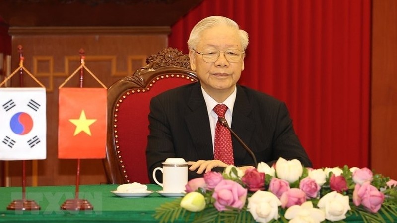 越共中央总书记阮富仲出席会谈。（图片来源：越通社）